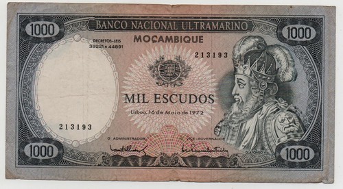 MOZAMBIQUE PORTUGAL PORTUGUESE 1000 ESCUDOS 1972 PICK 112 LOOK SCANS