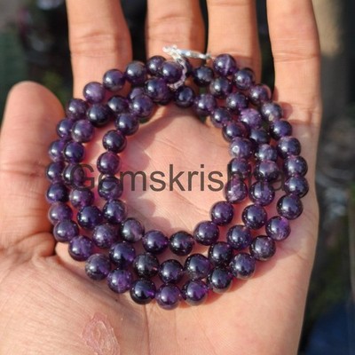 8mm Round Amethyst Beaded Necklace, Natural Gemstone Boho Jewelry, Sterling Silv