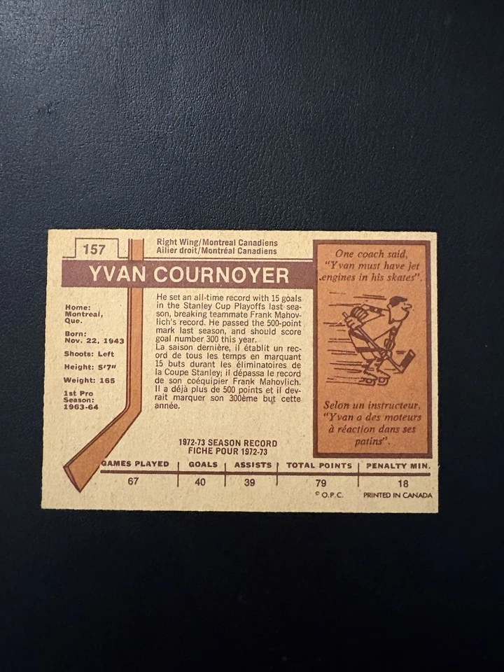 1973/74 OPC SET BREAK #157 YVAN COURNOYER HOF PRINTED IN CANADA EXMT! - Image 2 of 2