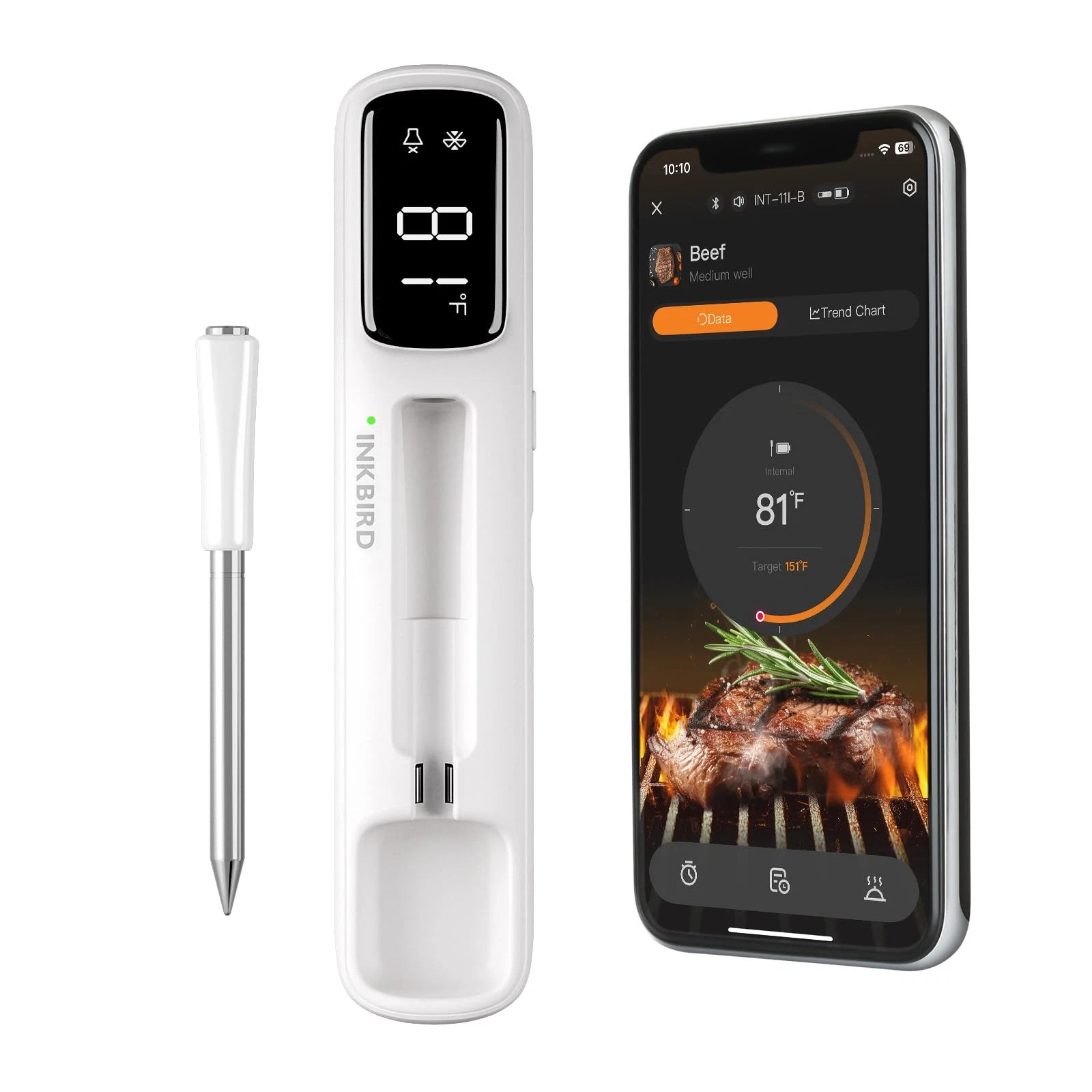 Mini Wireless Meat Thermometer Bluetooth 5.4 1000ft/305m 60 Min IP67 White LED