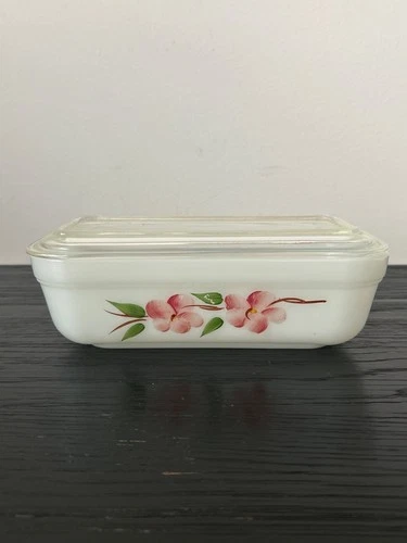 VTG Anchor Hocking Fire King Peach Blossom Refrigerator Dish w/Lid 1950's Granny