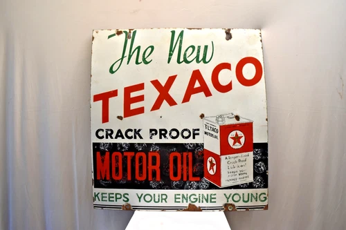 Vintage Texaco Enamel Sign Crack Proof Motor Oil Porcelain Advertising 36x36In"R