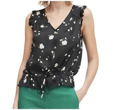 Banana Republic Soft Satin Floral Ruffle Top Blouse Womens M Black White Dainty