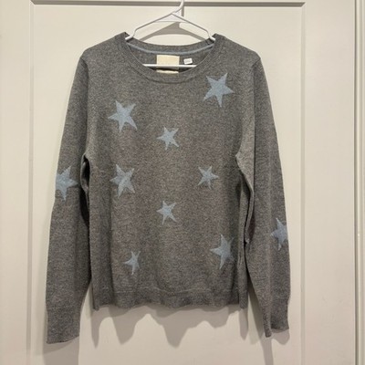Cynthia Rowley Cashmere Star Sweater XL Grey Blue 100% 2-Ply Knit Crewneck Women