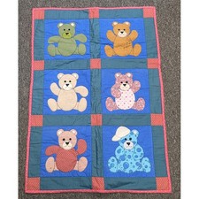 Handmade Teddy Bear Patchwork Quilt Wall Hanging Blue Teal Red Brown Nursery
