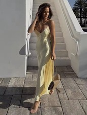 Women Summer Yellow Stain V Neck Sling Dress Elegant