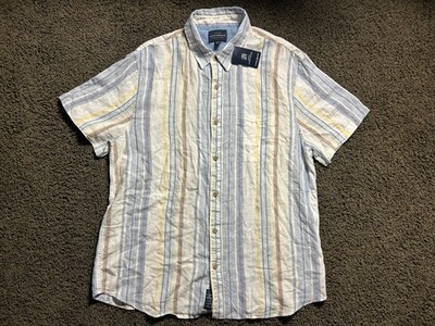 NWT Lucky Brand Shirt Men's Medium M Linen Button Up Short Sleeve Camp Stripe