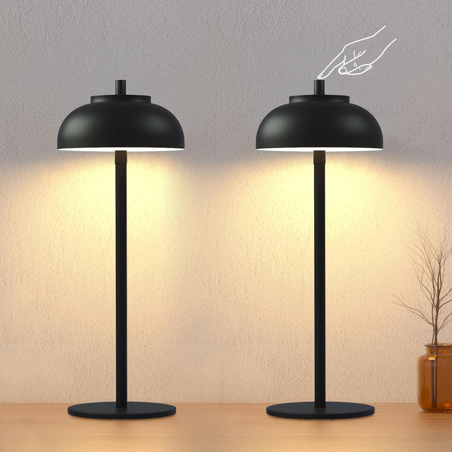 Rechargeable Cordless Table Lamps with 5000mAh Battery, 2-Pack Black
