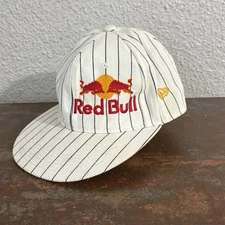 Red Bull Logo Hat Cap Fitted Flat Brim White Pinstriped City Big