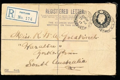 Great Britain Registered Cover from Portland to Yorke Peninsular (3812U) - Imagen 1 de 3
