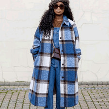 NEW H&M Blue Plaid Oversized Coat Sz XS