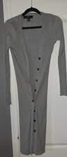 Forever 21 Women's Gray Solid Ribbed Knit V-Neck Button Front Midi Dress S