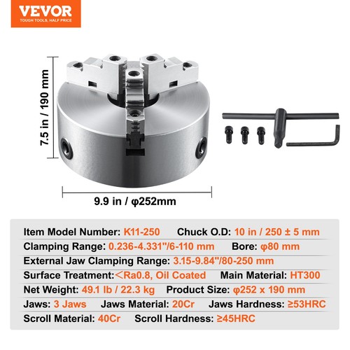 VEVOR 10'' 3-Jaw Lathe Chuck Self-Centering Lathe Chuck for Grinding Drilling - Foto 7 di 12
