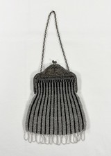 Antique 1920s Beaded Flapper Purse Ornate Silver Filigree Frame Fringe Evening