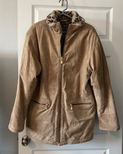 WINLIT Light TAN & LEOPARD PRINT LEATHER & FAUX FUR REVERSIBLE JACKET SIZE M - Picture 4 of 23