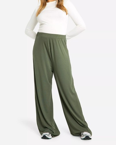Boohoo Women's Maternity Rib Wide Leg Trouser Khaki Size 10 - Picture 2 of 16