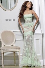 SHERRI HILL  Long dress BEADED APPLE GREEN/BEIGE USA 2   JAPAN XS  prom dress