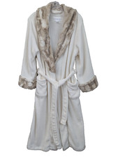 Carole Hochman Plush Robe Womans L Ivory Faux Fur Trim Maxi Pockets Belted Cozy