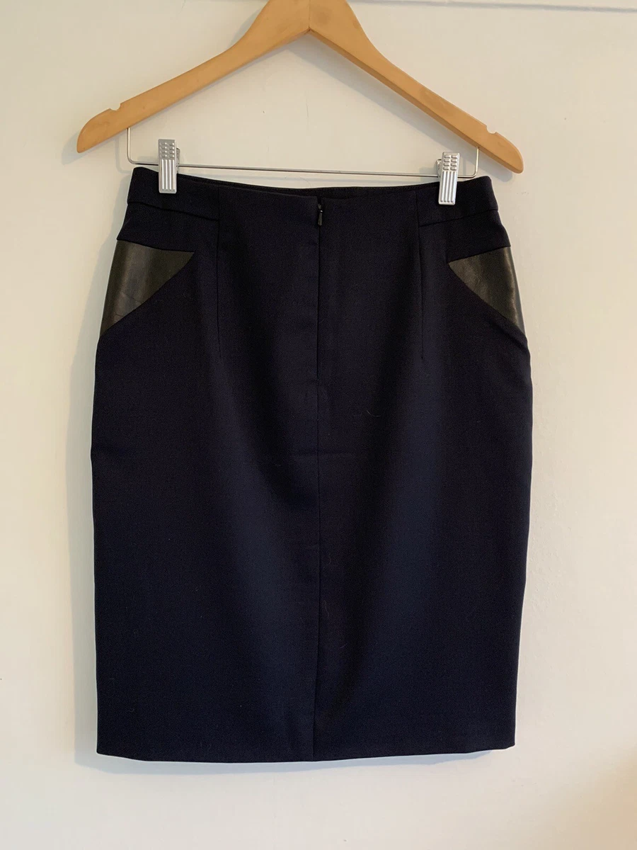 The Kooples Navy Blue Pencil Skirt Real Leather Details Size 38 UK