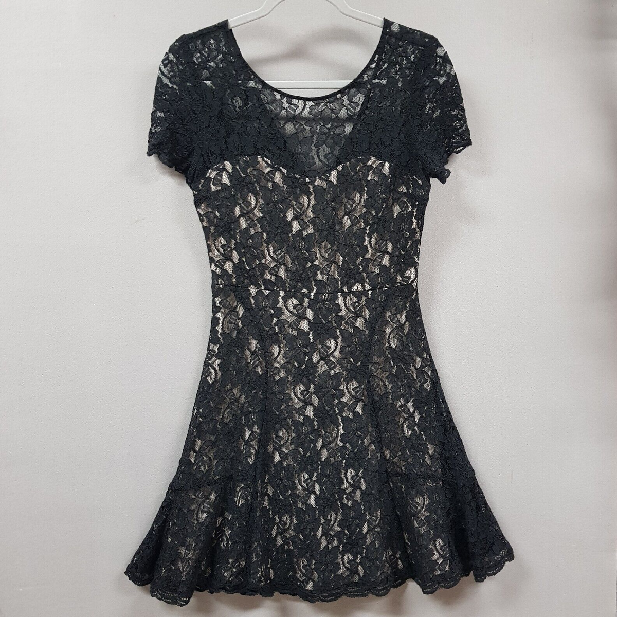 chinese dress ladies Women's Mock Neck Lace Flounce Sleeve Mesh Insert Mini Dress Flared A-Line  Short Dresses for Women Black at Amazon Women's Clothing store main image 1