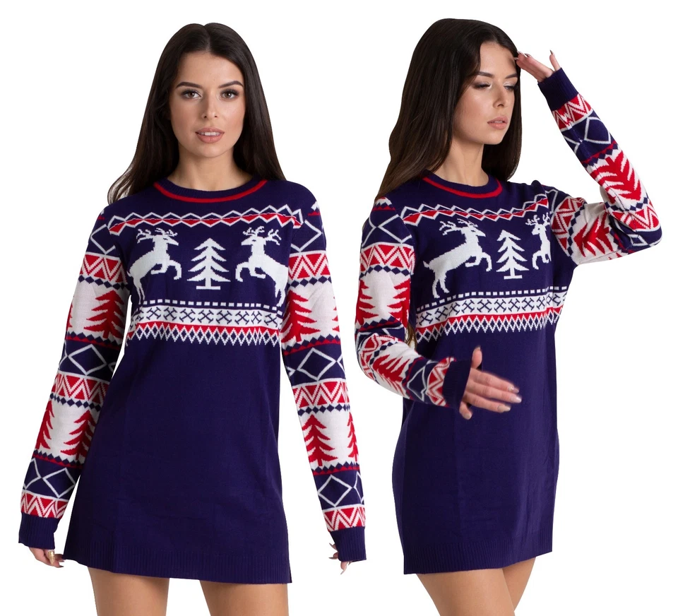 Ladies Christmas Jumper Womens Party Xmas Novelty Knitted Tunic Retro Red Dress - Image 3 of 4