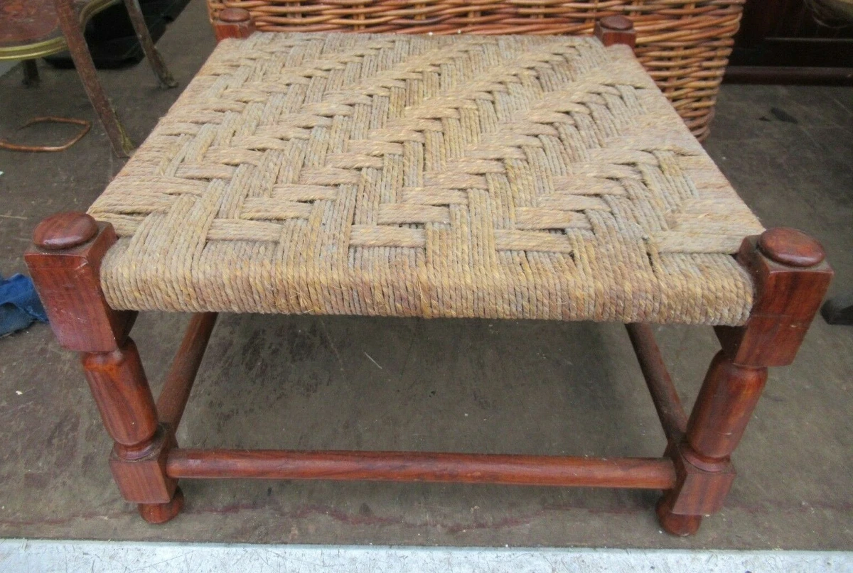 Vintage Large retro wooden rattan foot stool woven seat raffia