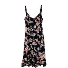 Vintage black pink floral 90s cottagecore romantic ruffle midi dress small