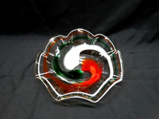 Hand Blown Art Glass Ruffled Fruit Bowl Centerpiece Red Green White Swirl Design