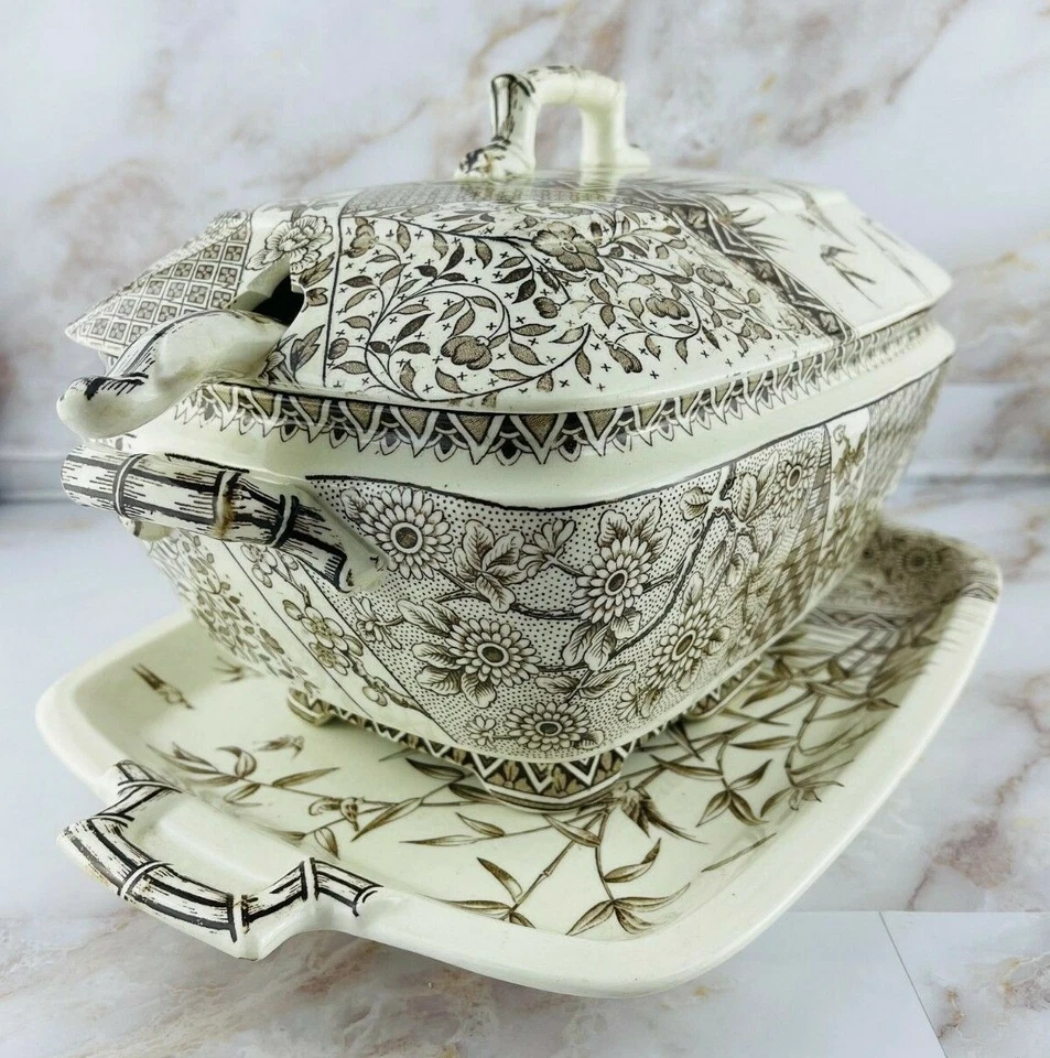 Birmania antigua W.H. Plato y cucharón de sopa marrón Crindley & Co. Tunstall  Foto 2 de 4