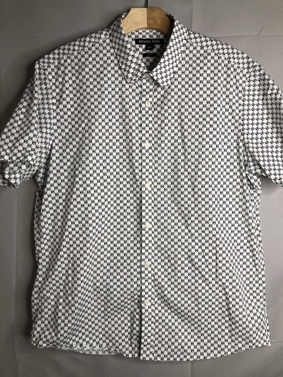 Michael Kors Mens XL Button Down Shirt MK Logo Monogram White Black Short Sleeve