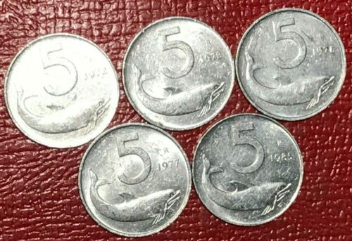 VERY NICE LOT 5 ITALY 5 LIRE COINS-1972,1973,1976,1977,1985-AGT502