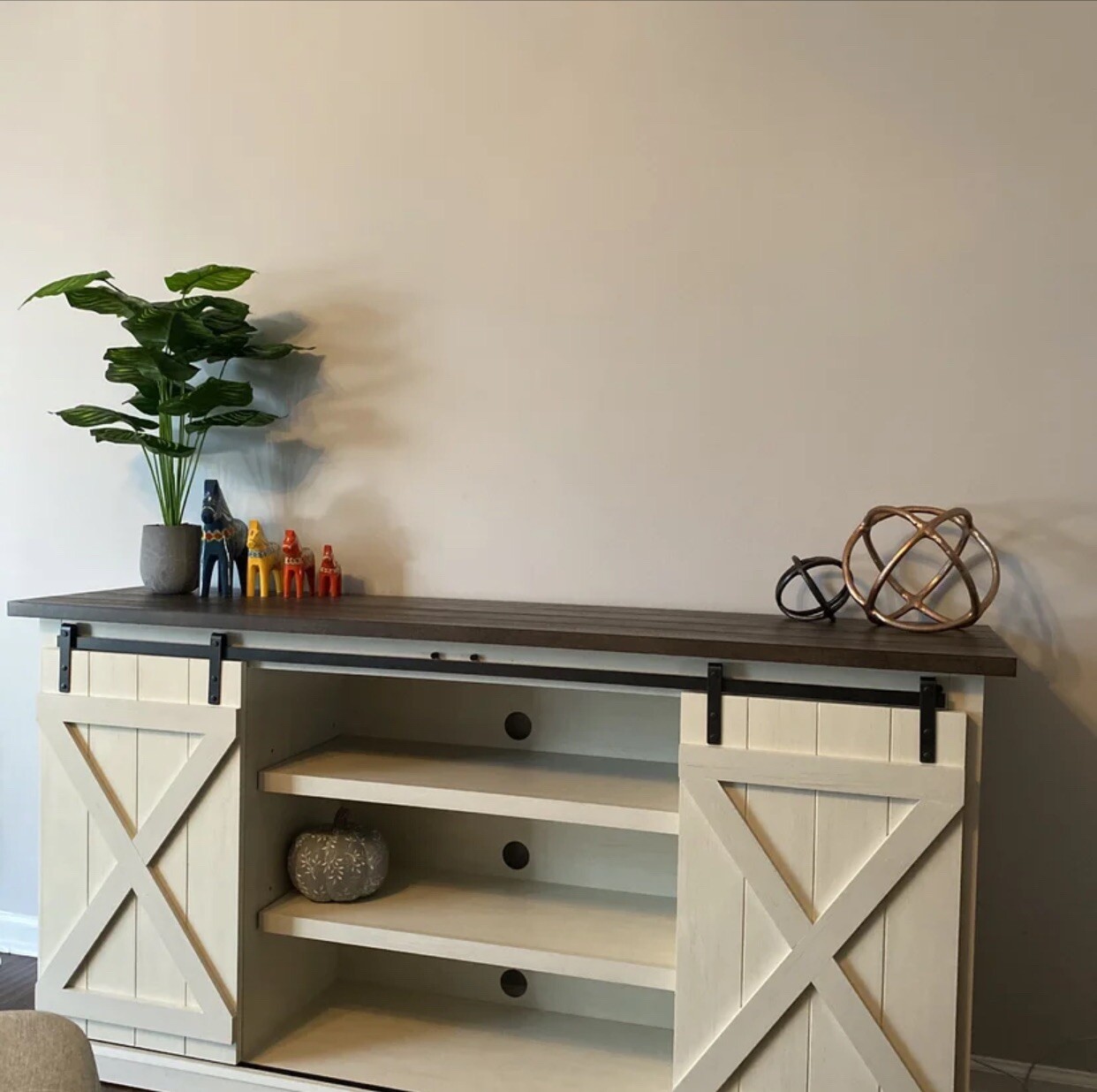 New-Farmhouse TV Stand for TVs up to 75" Beige Off White/Espresso Brown
