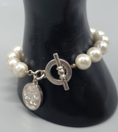 Ralph Lauren Faux Pearl Bracelet Vintage Dangling RLL Charm SZ 6.5 9.7mm White