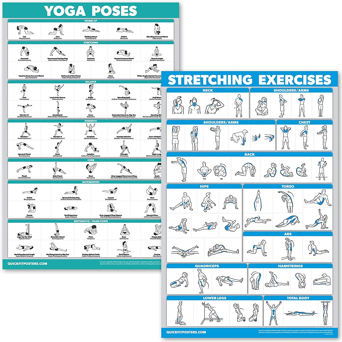 QuickFit Yoga Poses and Stretching Exercise Poster Set Laminated