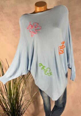 leichter Feinstrick LONG Pullover Pulli BESTICKT Italy HELLBLAU 36