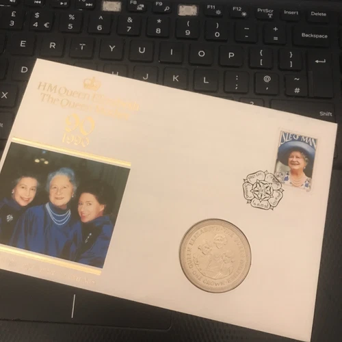 Isle Of Man FIRST DAY COVER + CROWN COIN 1990 Queen Mother At 90 FDC AS PHOTOS 1