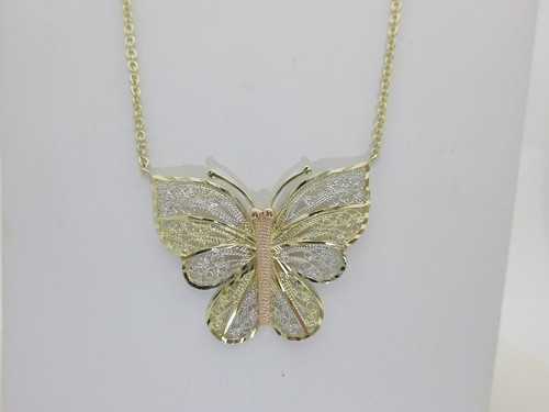 14k Butterfly Necklace Vintage Filigree Solid Gold Tri Color 17" Lobster N133