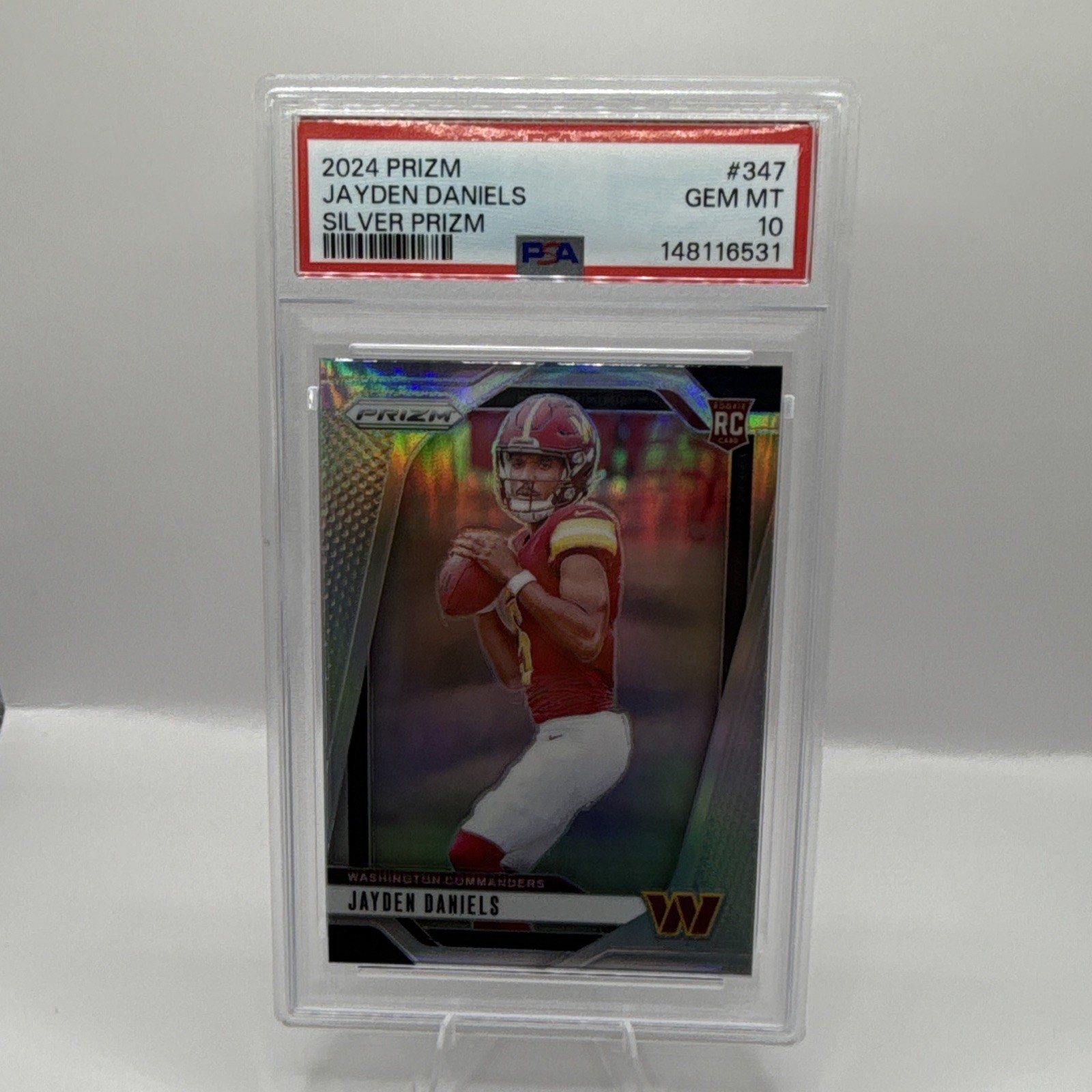 Panini Prizm 2024 Rookies Jayden Daniels Commanders Silver Prizm RC #347 PSA 10 view 2