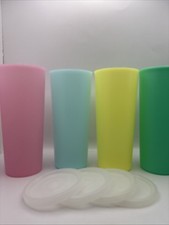 Set of 4 Tupperware Pastel Tumblers 16 Ounce with Lids Pink Blue Yellow Green