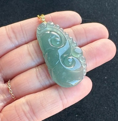 Highly Icy Blue-green Auspicious Clouds Ruyi 如意 Jadeite Jade Pendant 18K Gold