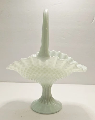 Vintage Fenton Light Blue Hobnail Basket from their pastel milk glass line 1950s