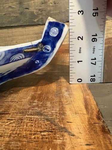 Antique Japanese Repaired Plate Warmer Boat Shape, Blue And White Ceramic Tray - Picture 6 of 24