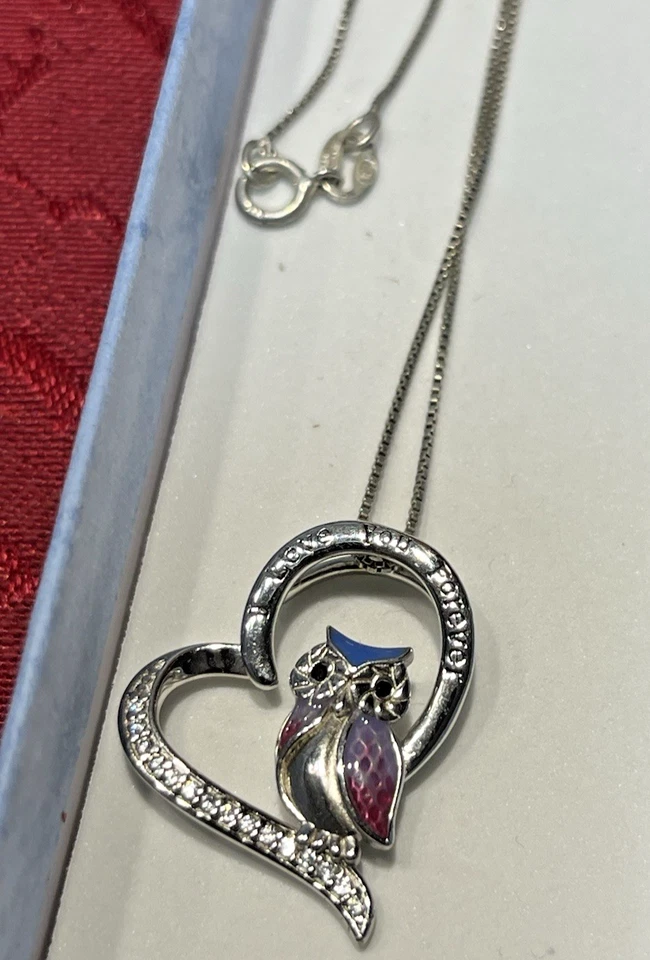 Винтажный серебро S925 цветной сова в сердце "я люблю тебя навсегда", CZs ожерелье - Изображение 4 из 4