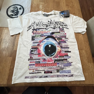 HELLSTAR Men's White Graphic Print Logo Crew Neck Cotton T-Shirt, Size S