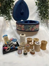 Heart Sewing Basket Notions Vintage Granny Chic Floral Blue