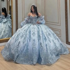 Customized Blue Shiny Princess Off the Shoulder Sweet Dresses Quinceanera Sequin