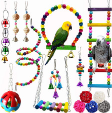Bird Parrot Swing Chewing Toy Set 15PCS Wooden Hanging Bell with Hammock Climbin