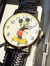 Disney Mickey Mouse Quartz Watch Black Textured Strap Gold Tone Case w/ Box