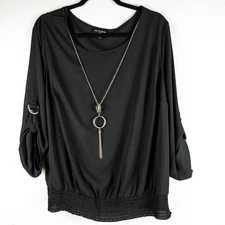 I.N. Studio Women’s 2X Black Sheer Pullover Blouse 3/4 Sleeve w/ Necklace
