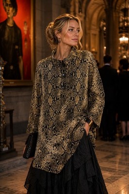 John Mark Women's Snakeskin Print Knit Tunic Top Tan Black Button L Lagenlook
